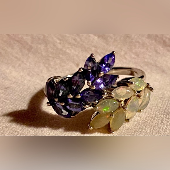 ETHIOPIAN WELLO OPAL and AAA TANZANITE Ring Platinum over Sterling Silver - Picture 10 of 14